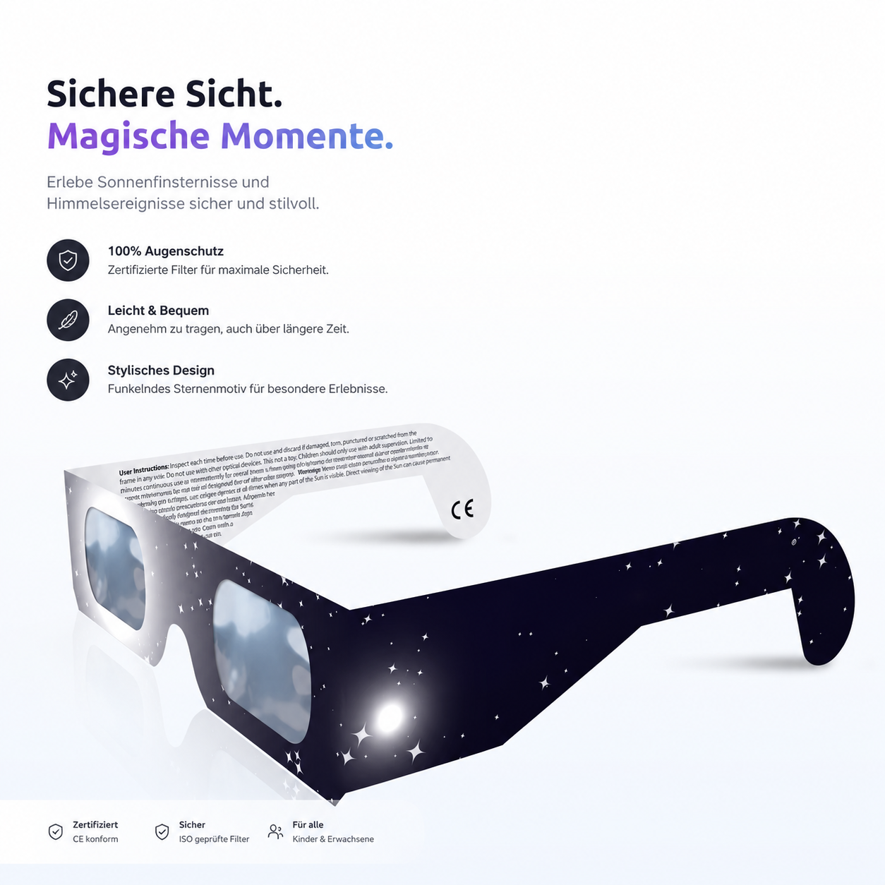 Sonnenfinsternisbrillen mit Filterfolie und CE-Kennzeichnung auf dem Bügel